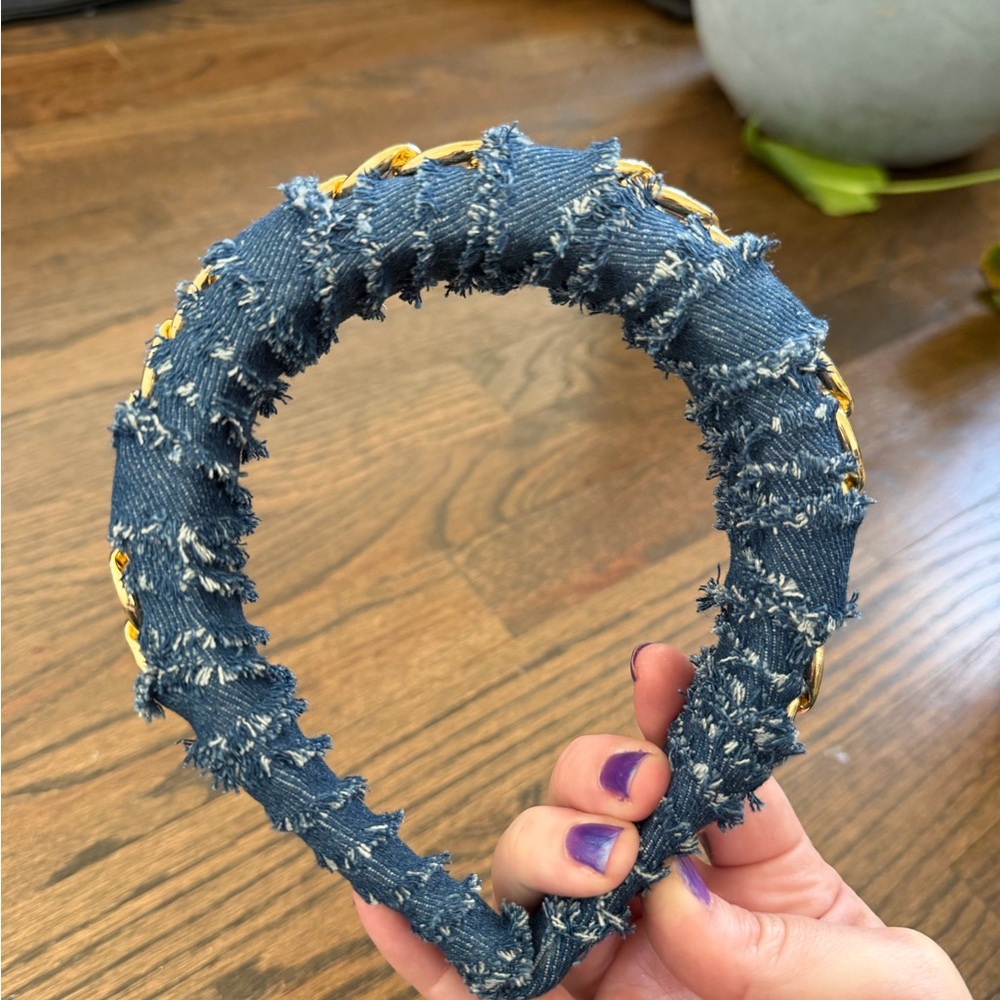Distressed Denim Padded Headband with Gold Chain Accent